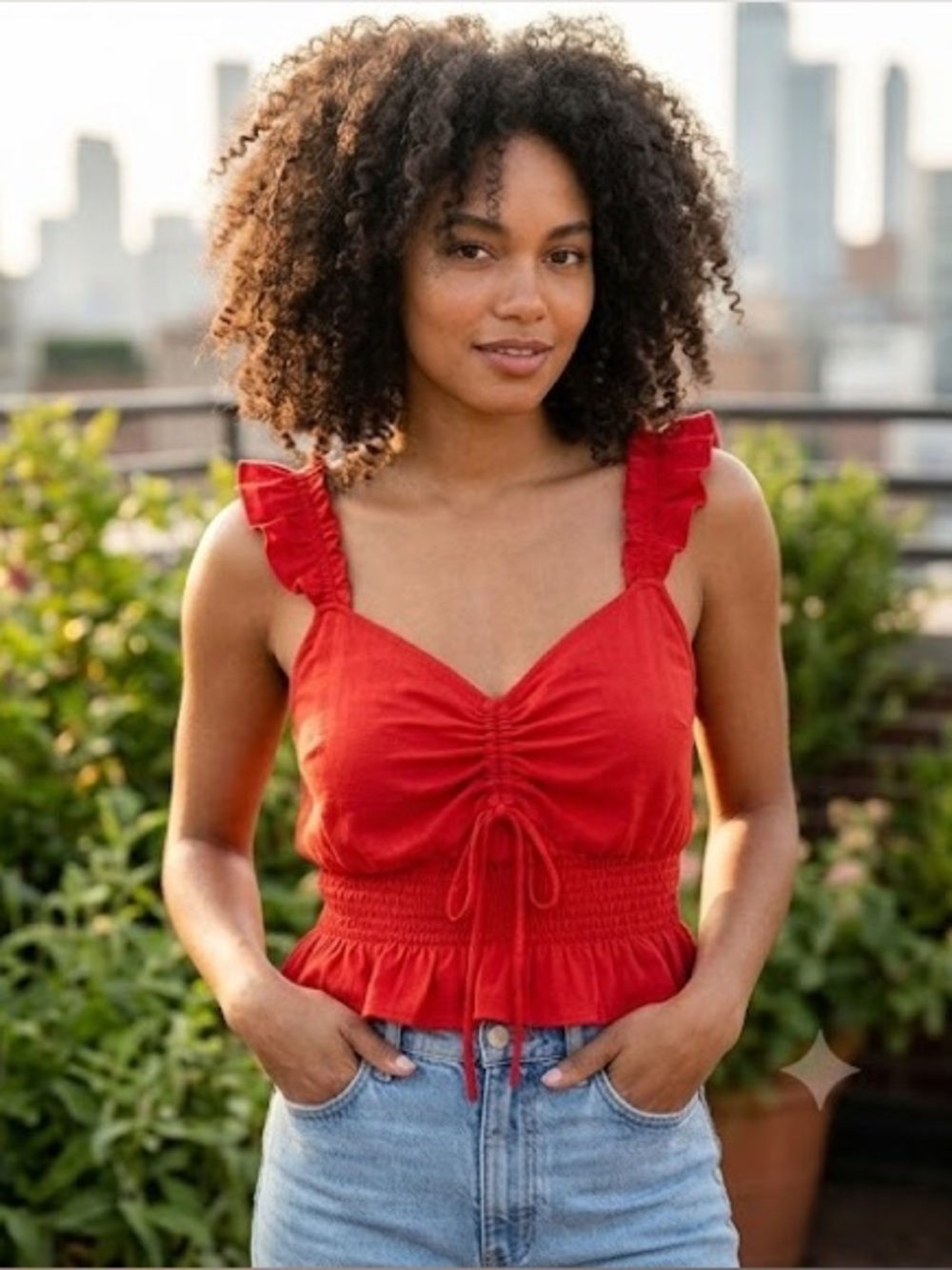 Express Red Ruffle Strap Tie Front Cami Ruched Tank Top - Size Small